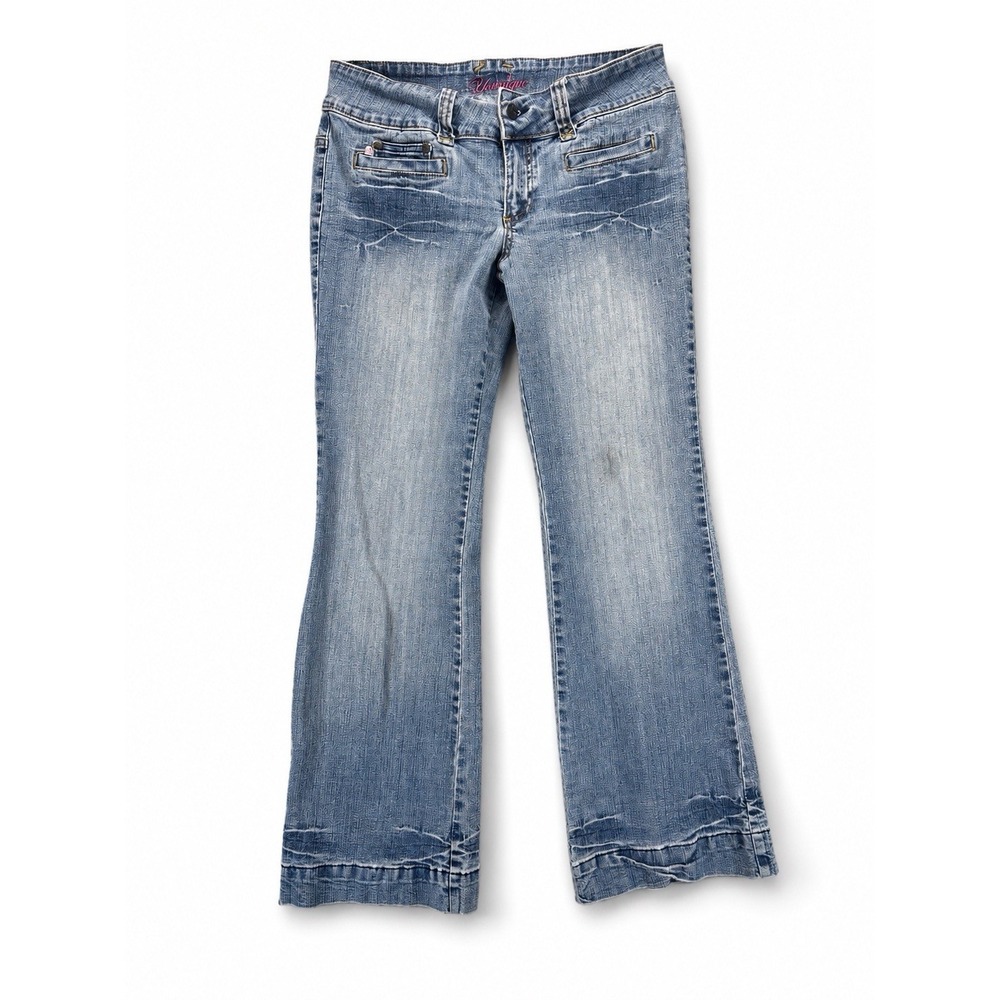 Younique Jeans Women's Y2K Low Rise Bootcut Faded Whiskered Stretch Denim Indie